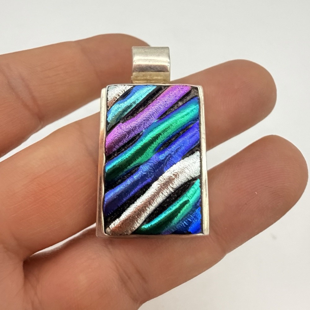 VTG Sterling Silver Taxco Mexico Dichroic Glass Pendant Modernist Heavy TV-78